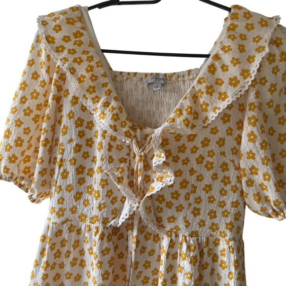 Polagram Dress Yellow Floral With Lace Trim & Puff Sleeves Smocked Back Size S - Picture 3 of 10